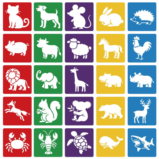 CUTHOLLOW 25 PCS Animal Painting Shape Stencils Sets - 8 Inch Reusable&Washable Drawing Template, Different Animals Primary Themed Sidewalk Chalk Art Stencils Kit for Craft Room Wall Paper