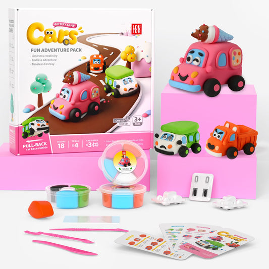 Air Dry Clay Kit for Kids - Pull Back Car Making, 3 Boxes Modeling Clay with Sculpting Tools, Base, Backing Board, Tutorial, Ultra Light & Soft, Non-Toxic & Safe, Creative DIY Arts and Crafts Toys