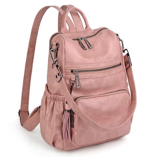 UTO Women Backpack Purse Oil Wax PU Leather Ladies Fashion Designer Rucksack Convertible Travel Shoulder Bag with Tassel Pink