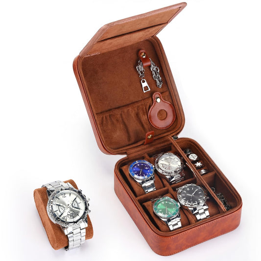 Hinly Travel Watch Case for Men 4 Slots PU Leather Mens Father Jewelry Box with Compartments Zippered Portable Watches Cufflinks Accessories Storage Case Gift(Brown)