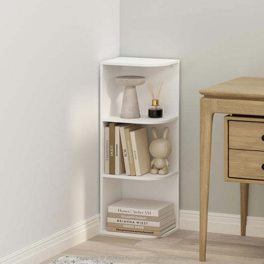 Furinno Reed Corner Shelf, 3-Tier Corner Bookshelf, Book Shelf, Corner Shelves, Storage Rack, for Organization and Storage, Home Office, Living Room, White