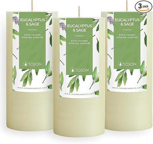 Simply Soson 3x6 inch Ivory Rustic Eucalyptus and Sage Pillar Scented Candle - 3 Pack - for Home Decor, Aromatherapy, Weddings, Restaurants, Spa, Church