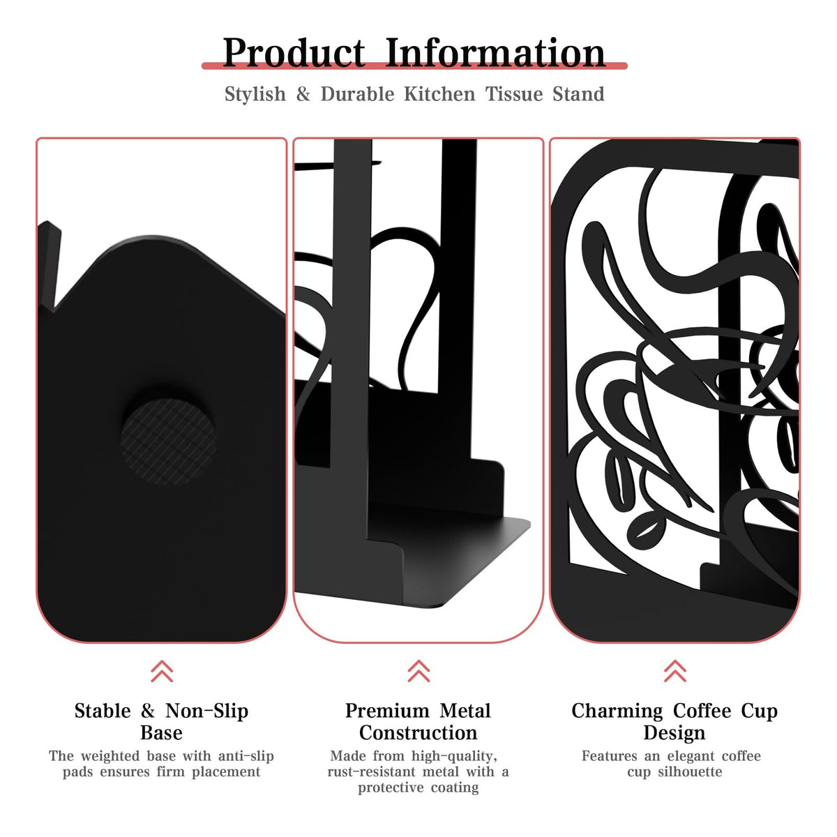 Modern Standing Napkin Holder for table, Black Metal Napkin Dispenser, Coffee time Theme Style Napkin Holder, Suitable for Kitchen, Coffee Shop, Dining Room