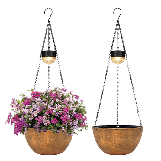 BAYN 2 Packs Solar Hanging Basket Planters for Plants Outdoor, Self Watering Bronze Flower Plants Pots with Solar Light Drainer for Balcony Patio Garden Outdoor Decoration