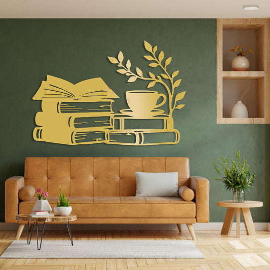 Books Metal Wall Art, Metal Books Wall Decor, Reading Room Wall Decor, Book Wall Sign, Home Decor Living Room, Study Room Art (Gold, 35"x24"|90x61cm)
