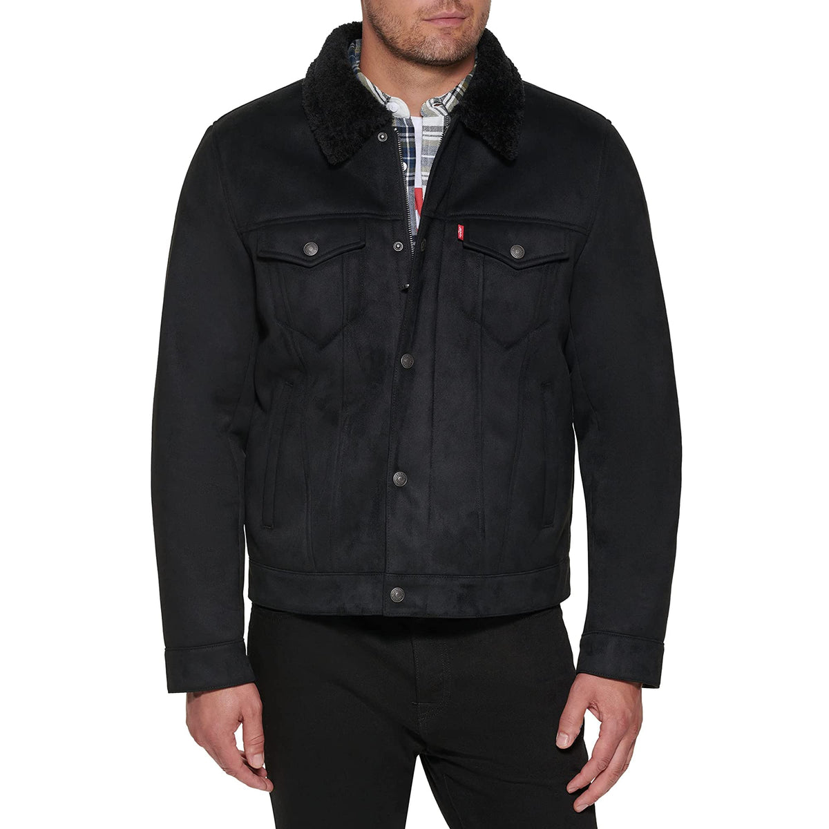 Levi's Men's Faux Leather Sherpa Lined Trucker Jacket, Black Faux Shearling, Small