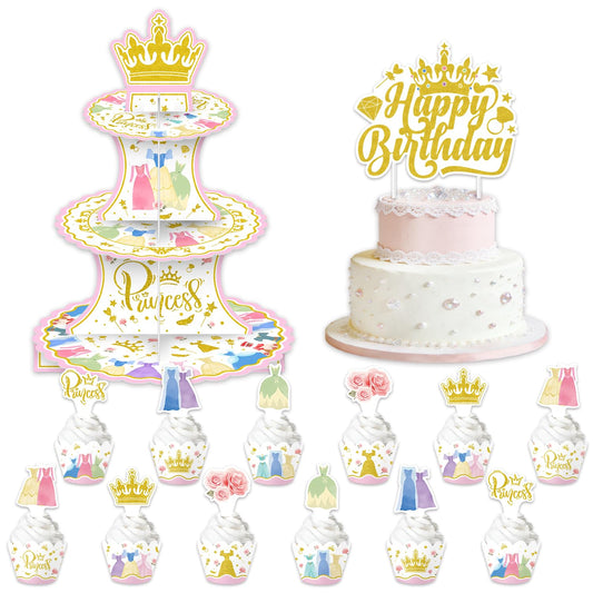26Pcs Princess Dress Birthday Party Decorations Including Cake Stand Cupcake Wrappers Cupcake Topper Cake Topper