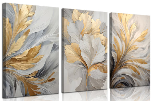 3Pcs Modern Abstract Golden White Leaves Canvas Wall Art Neutral Botanical Wall Decor Pictures Luxury Posters Prints for Living Room Bedroom Office Home Decorations, 12x16in