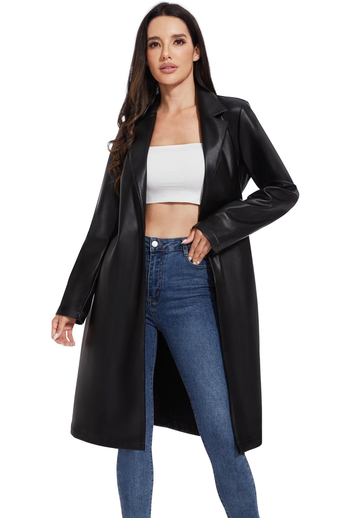 Fahsyee Women's Faux Leather Trench Coat, Motorcycle Jackets PU Moto Biker Outwear Fitted Slim Jacket Black Size XL