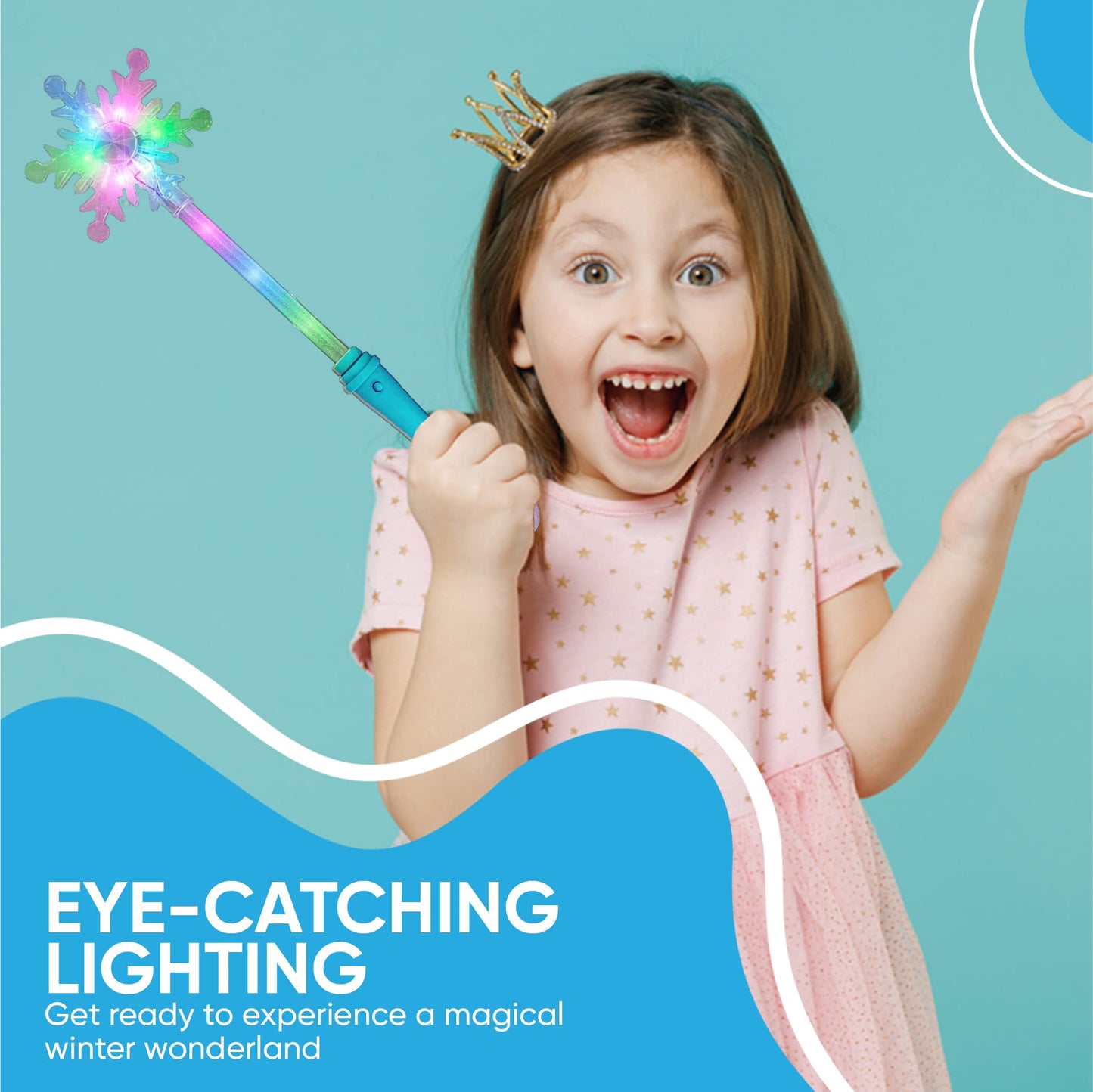 SENSORY4U Frozen Snowflake LED Light Up Wand Toy for Kids - 2 Pack, Magical Princess Costume Accessory, Perfect for Party Favors, Holiday & Birthday Events