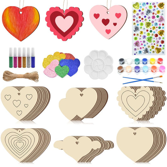SDTHNT 60 PCS Unfinished Wooden Hearts for Crafts,Valentine's Day Ornaments Hanging Decorations, Unfinished Wood Heart Painting Craft Kit, DIY Valentines Crafts for Classroom Party Activities