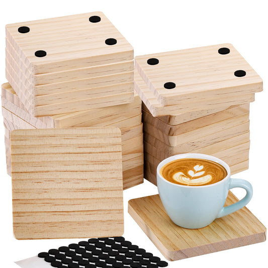 Dicunoy 20 Pack Unfinished Wood Coasters, 4" Blank Wooden Coasters for Craft, Square Coasters with Non-Slip Pads for DIY Supplies, Laser Engraving, Stained Painting, Drawing, Home Decor