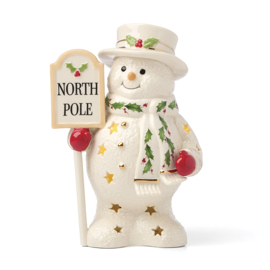 Lenox Figurine, Happy Holly Days North Pole Snowman Light-Up Figurine, Christmas Decorations, Christmas Decor Indoor, Snowman Design (Ivory, 1 Piece, 7.75-Inch Height) 2 AAA Batteries Not Included