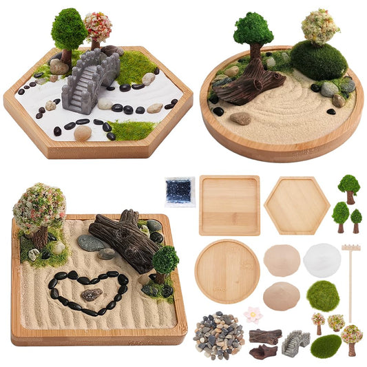 WEBEEDY 3 Sets Mini Zen Sand Garden Kit Japanese Desktop Sandbox Zen Garden Kit Cute Zen Home Office Desktop Decor Sand Craft Accessories,Litter Box Sand for Meditation Relaxation,4/4.2/4.4 Inch