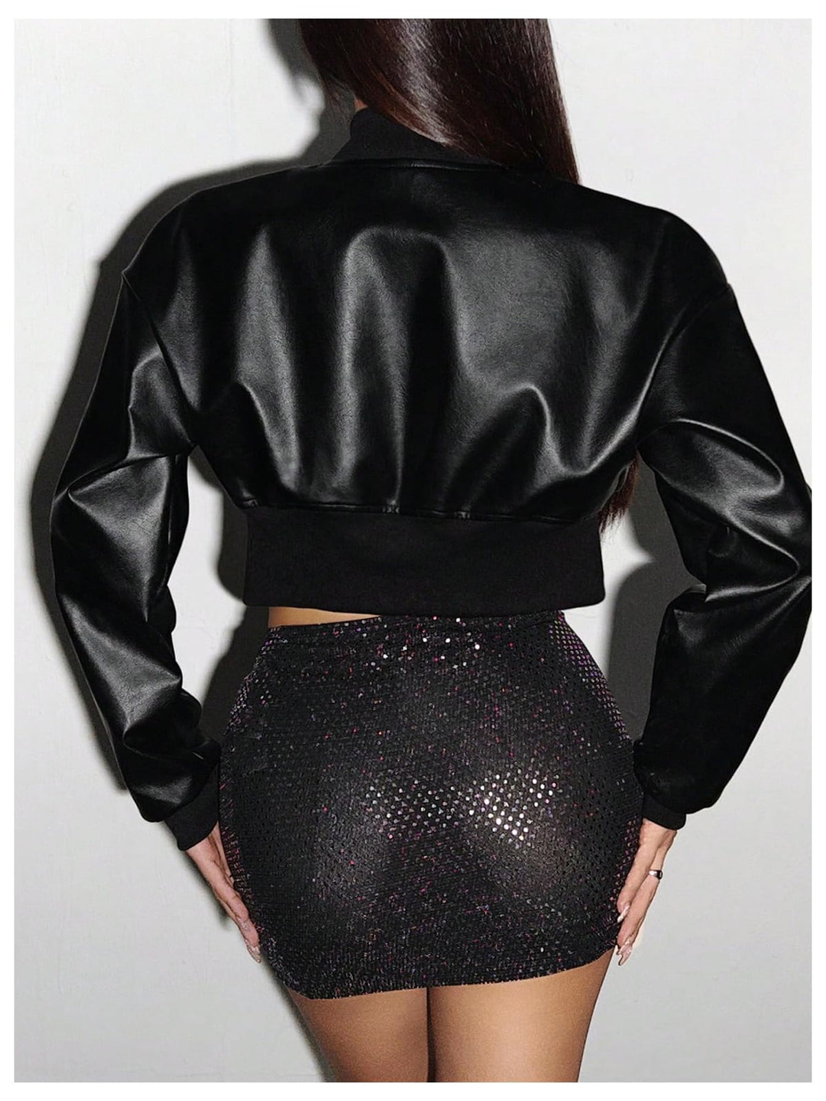 WDIRARA Women's PU Leather Zipper Buckle Belted Long Sleeve Motorcycle Crop Jacket Black Deep Large