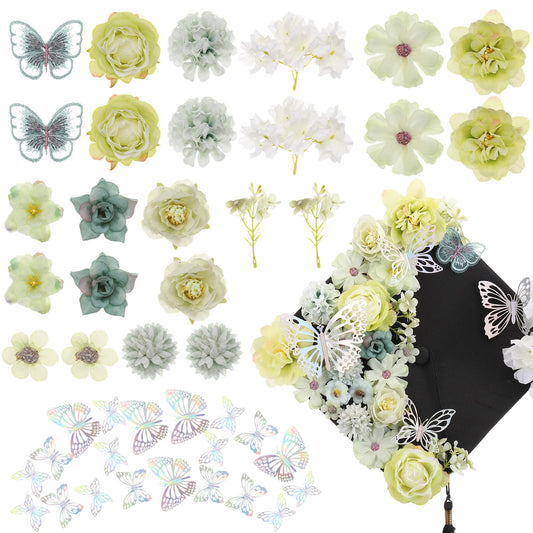 Wavwavw 36 Pcs DIY Graduation Cap Decorations Accessory Kit Include Faux Flower Heads and 3D Glitter Butterfly for Graduation Cap Decoration Home Decor Cake Wreath Craft Decor(Light Green)