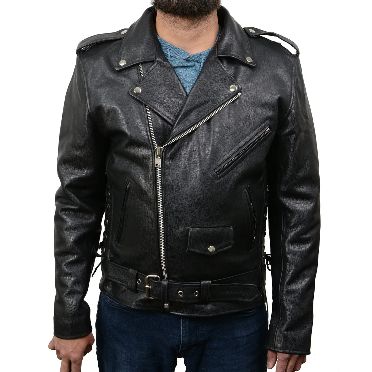 Milwaukee Leather SH1011 Men's Classic Brando Premium Leather Black Motorcycle Riders Leather Jacket w/Side Laces - Medium