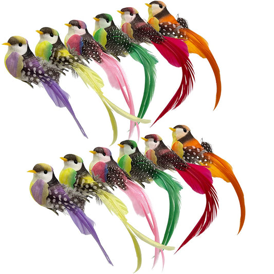 LWINGFLYER 12pcs Artificial Simulation Foam Feather Birds 4.7" Rainbow Colorful Long-Tailed Bird Spring Tree Clip on Decorations for Wreath Crafts Christmas Tree Ornaments