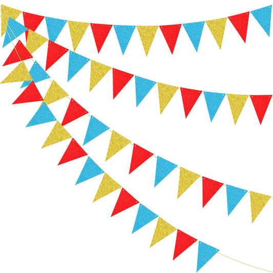 4 Pack Colorful Triangle Banner Flag 48 Pcs Pennant Banner Flags Glitter Garland Wall Door Hanging Banners for Birthday Graduation Classroom School Party Backdrop Decorations Gold, Red, Blue