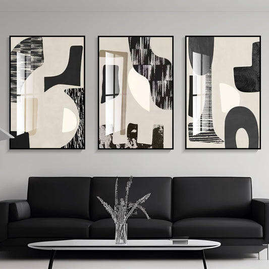 QKF Modern Abstract Wall Art Large Geometric Black and White 3 Piece Canvas Painting for Living Room Contemporary Wall Decor with High Gloss Finish 16x24 Inches Set