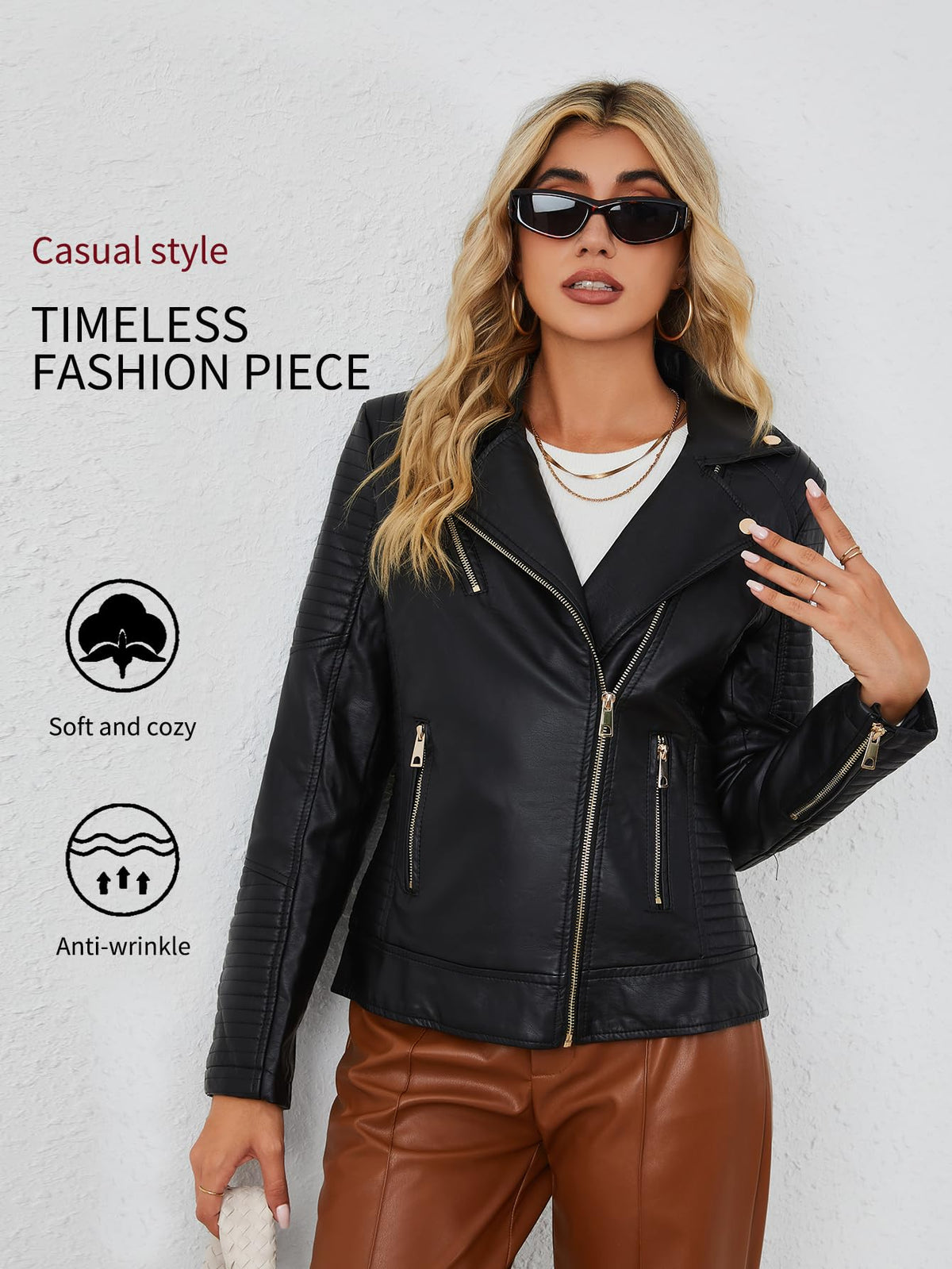 Bellivera Women's Faux Leather Casual Jacket 2026 Spring Trendy Motorcycle Outfits Lightweight Classic Coat 53 Black L