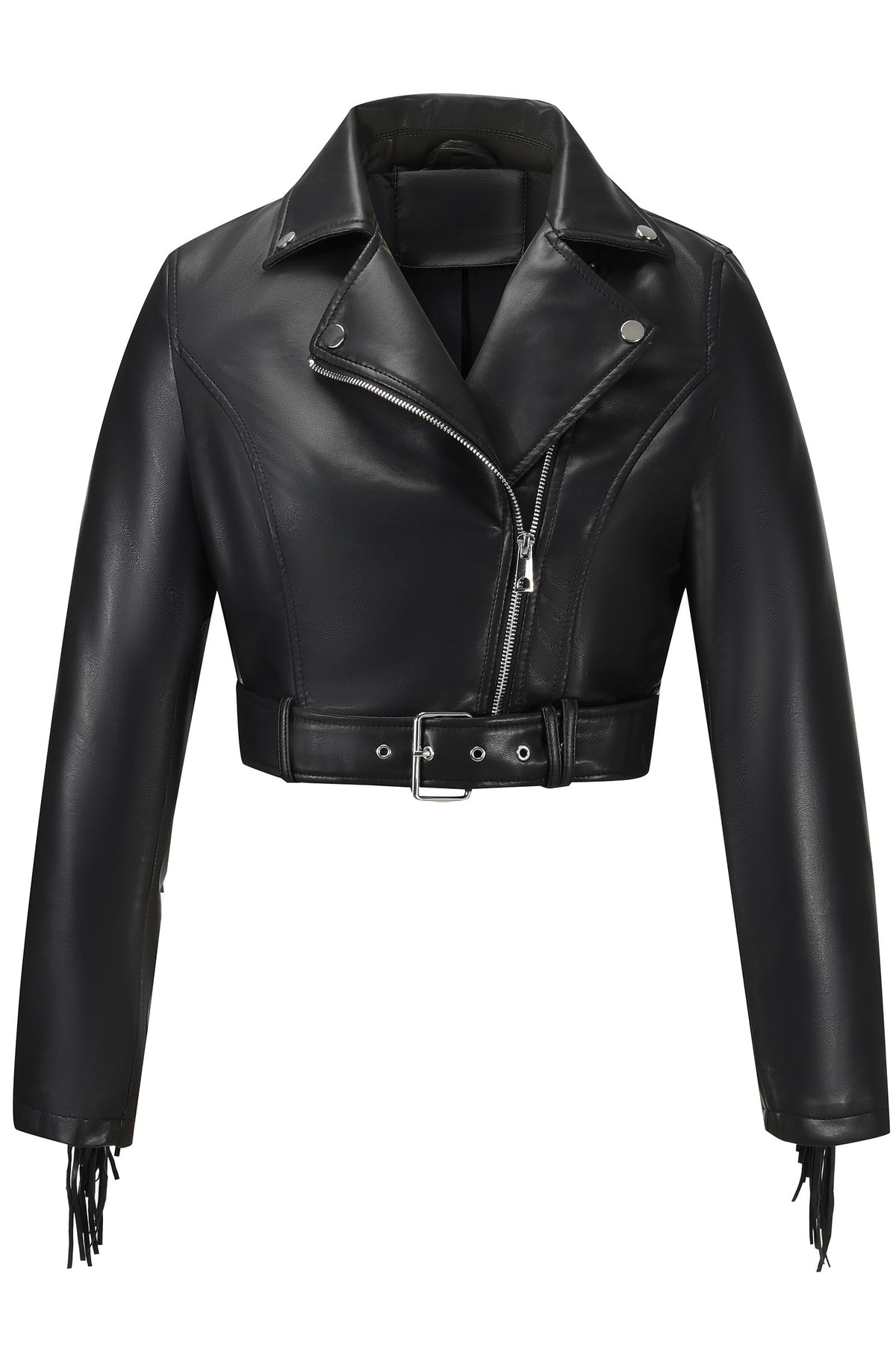 XULIKU Women Faux Leather Jacket, Fall Spring Lapel Short Cropped Vegan Zipper Up Fringe Tassel Trim Pleather Coat with Belt,Pocketless,Black,XL