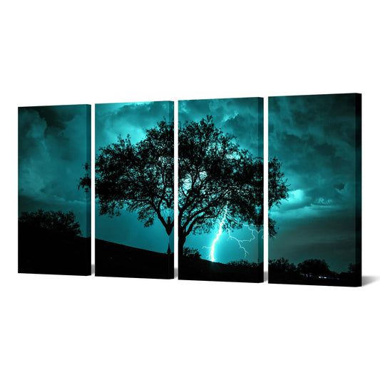 NutArtPic Tree Canvas Wall Art Teal Big Tree with Lightning Strikes Picture Artwork Natural Landscape Artwork Painting for Home Decor 12''x24''x4pcs (Teal)