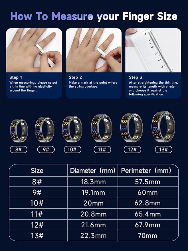 Smart Ring for Women Men, Health Ring with Colorful Display, Fitness Tracker with Heart Rate, Blood Oxygen, Sleep Monitor, No Subscription Fee, 5ATM Waterproof for iPhone & Android (Silver, 9)