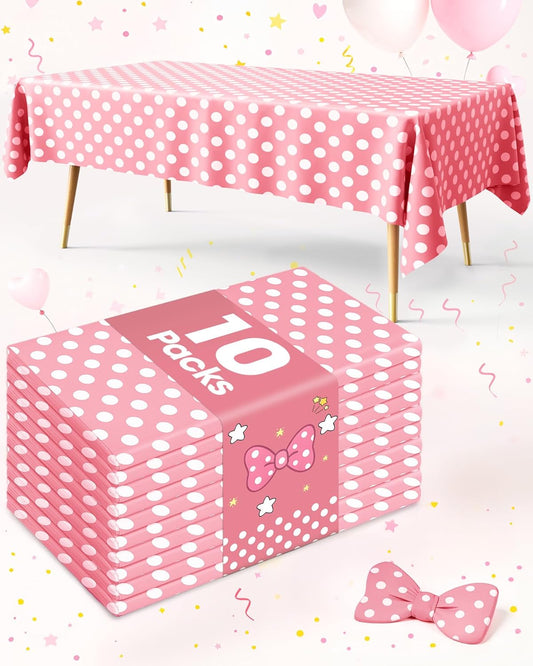 Pureegg Disposable Plastic Tablecloths - 10 Pack, 54 x 108 Inch, Pink Polka Dot for Parties & Events
