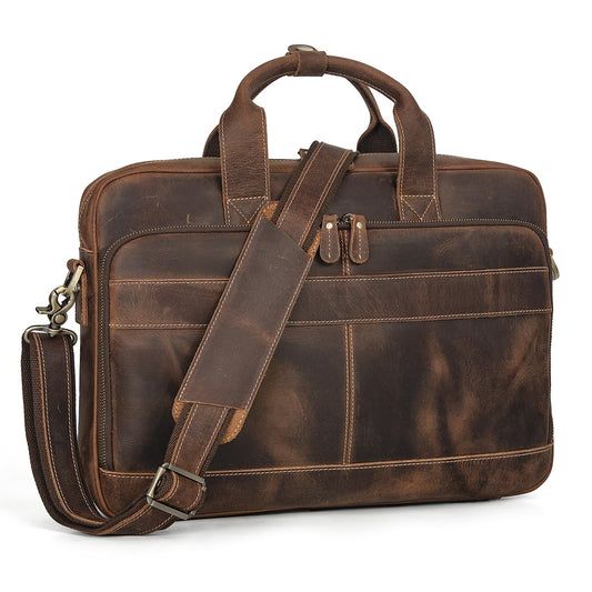 Augus Men's Buffalo Crazy Horse Leather Briefcase for 16 Inch Laptop, Computer Bag with YKK Zipper & Luggage Strap, Fits 16" MacBook, Work Travel Messenger Shoulder Bag, Brown