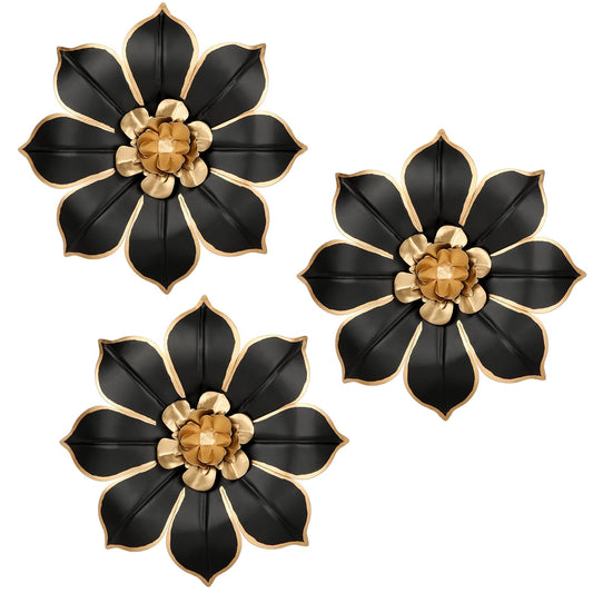 Metal Flowers Wall Decor Black and Gold Wall Art Decorations Hanging 3 Pc Rustic Modern Floral Sculpture Wall Accent Artwork Indoor Outdoor for Bathroom Kitchen Bedroom Living Room Patio Porch 10 Inch