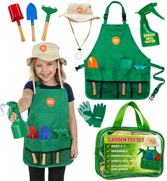 Born Toys Kids Garden Set for Boys & Girls Ages 3-7, Toddler Gardening Kit with Kids Gardening Tools - Gardening Apron, Gloves, Hat, Working Spray Bottle, Trowel Shovel & Rake, Outdoor Activity Toys