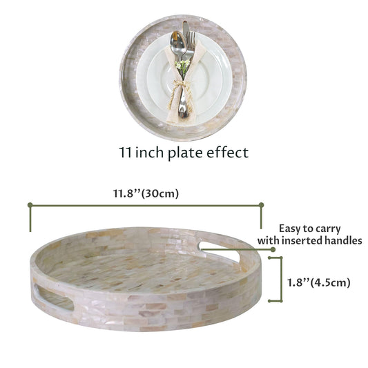 PEMAR 12.6” Mother of Pearl Round Serving Tray with Handles, Decorative Nacred Wooden Ottoman Coffee Table Tray (White Tiles)