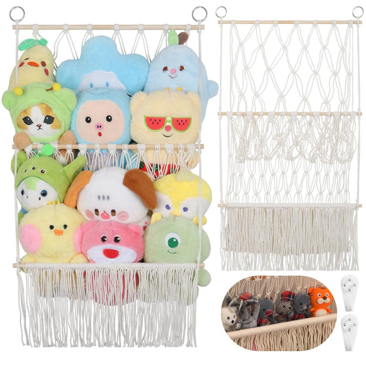 2 Tier Stuffed Animal Storage Shelf Net, 17x32Inch Large Stuffed Animal Organizer Holder Display for Mini Medium Stuffy,Beige Boho Macrame Wall Stuffy Storage Plushies Storage for Nursery Decor