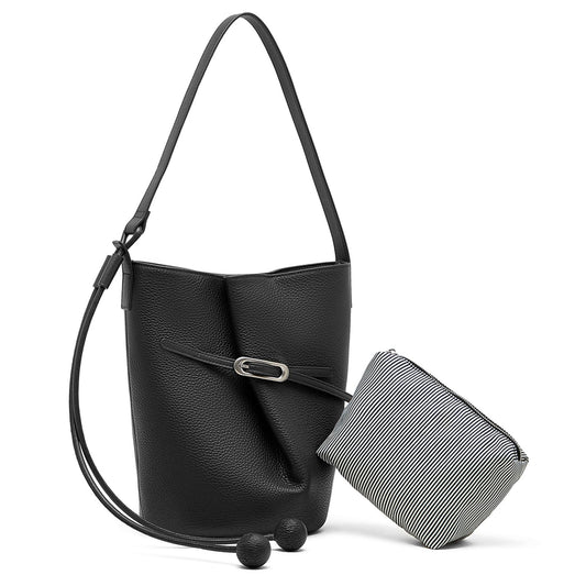 MoreFarther Genuine Leather Bucket Bag for Women, Adjustable Shoulder Bag for Work, Travel, Everyday Use (Black)