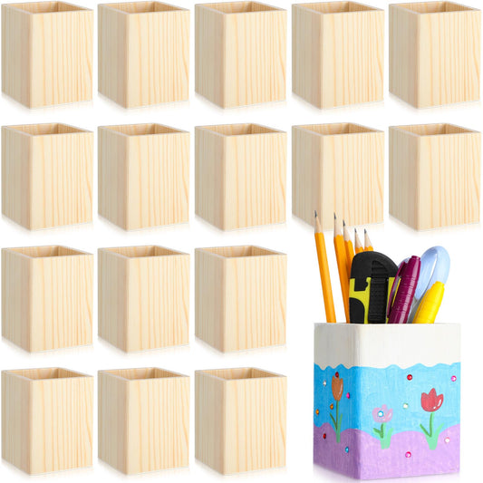 DoubleFill 20 Pack Wood Pen Holder Unfinished Wooden Pencil Holder for Homemade DIY Crafts Mini Wood Pencil Box Small Wooden Crates for Crafts Projects, 3 x 3 x 4 Inches