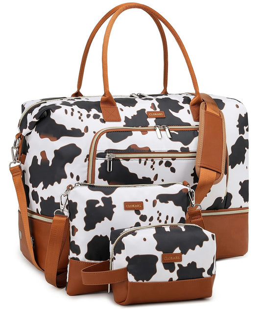 CLOKARS Weekender Bags for Women, Travel Duffle Bag Carry On Overnight Bag with Cosmetics Bag and Crossbody Purse for Gym Hospital, Gifts for Women, Cow Print Brown