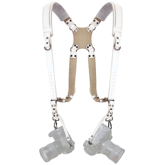 Padwa Lifestyle White Dual Camera Harness for Two Cameras - Wide Strap with Thick Shoulder Padded,Full Grain Leather Double Harness,Multi Camera Gear for DSLR Strap for Photographers