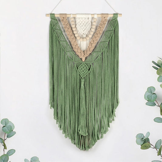 EOBTAIN Green Macrame Wall Hanging Boho Home Decor,Handmade Craft Handwoven Tapestry for Gallery Nursery Living Room,Natural Cotton Cord and Wood Beads Tassel Bohemian Art Decoration,30 Inch