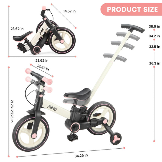 JMMD 6 in 1 Toddler Bike with Push Handle for Kids 18-60 Months, 12" Foldable Balance Bike with Training Wheels, Pedals, Brakes, Kickstand, Push Tricycle Toddler Gift & Toys for Boy & Girl