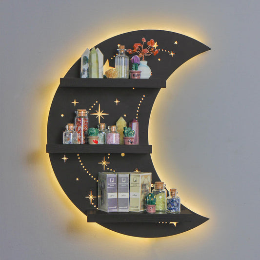 FNYDOX Crescent Moon Shelf with LED Light, Trinket Display Shelf & Moon Wall Light for Rocks Gems Healing Stones Crystals Display, Celestial Decor Crystal Holder Witchy Wall Decor