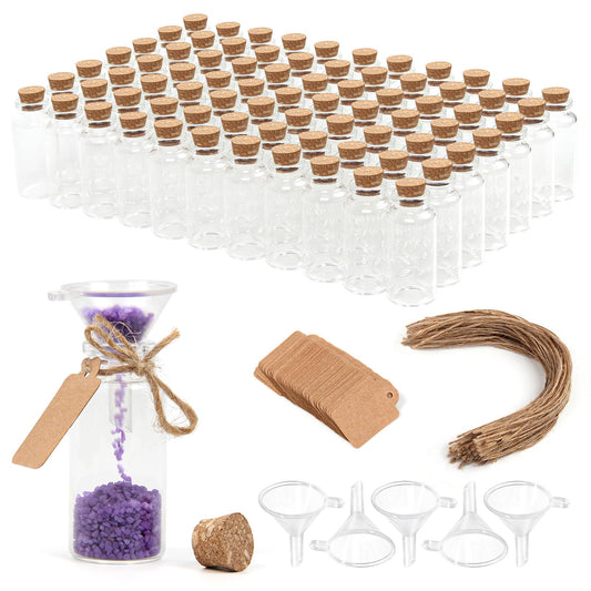 CHERLU 20ml Small Glass Bottles with Cork Stoppers, Pack of 100, Wishing Glass Jars with Lids with Personalized Label Tags and String, Mini Bottles for DIY Crafts, Wedding Party Favors