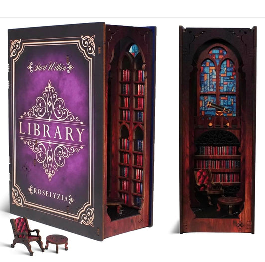 Book Nook Kit – NOOKBOOX by ROSELYZIA – DIY Miniature Dollhouse 3D Wooden Puzzle with LED Light – Bookshelf Decor Gift for Adults & Teens – Violet Purple