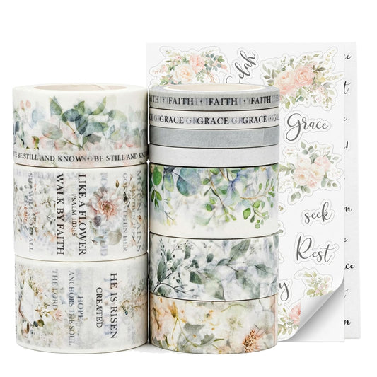 Bible Journaling Washi Tape Set for Women – 10 Rolls + Sticker Sheets, Floral Faith Theme Washi Tape with Scripture Verse & Christian Words, Decorative Tape for Planner, Prayer Journal Supplies