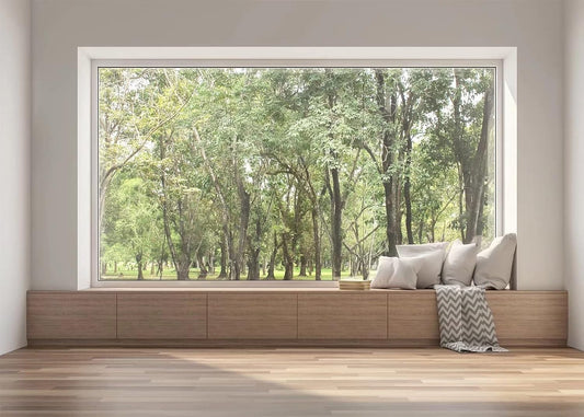 BELECO 9x6ft Fabric Modern Living Room Backdrop House Interior Window Scenery Green Forest Trees Nature Background