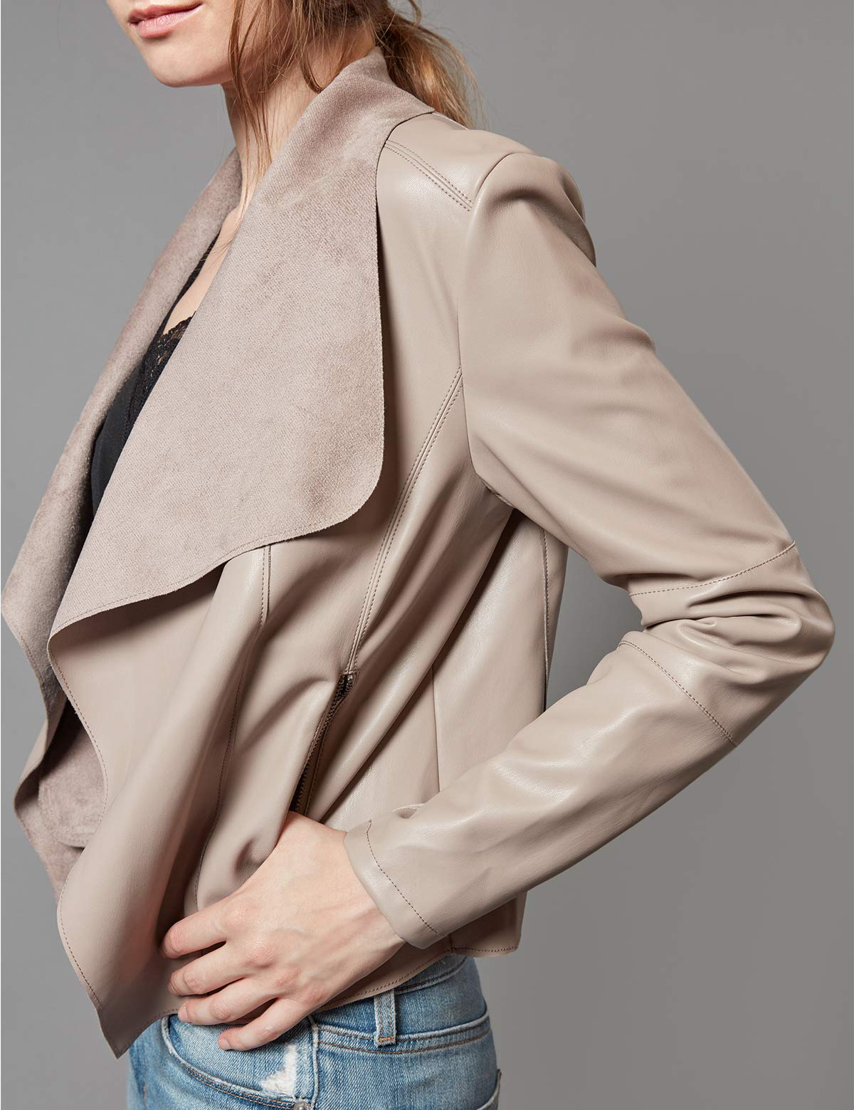 Escalier Women's Faux Leather Jackets Slim Open Front Lapel Blazer Jackets Khaki Large