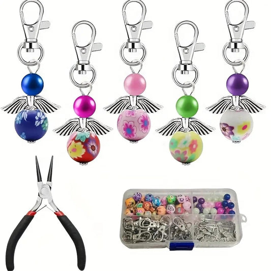 180Pcs DIY Angel Pendant Keychains Kit Includes Alloy Wing Spacer Imitated Bead Pendant Lobster Buckle Claw Clasps and Pliers Jewelry Making Supplies Repair Tools Kit for Women Adults (Flowers Beads)