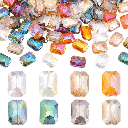 PH PandaHall 120pcs 8 Colors Faceted Glass Beads, 14x10mm Iridescence Flat Beads Rectangle Crystal Bead Large Loose Craft Spacer Bead for DIY Jewelry Bracelet Necklace Earring Keychain Making Crafts