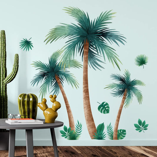 3D Removable Tropical Rainforest Wall Sticker Brown Tree Green Leaves Wall Decal DIY Peel and Stick Coconut Tree Wall Decor for Kids Girls Boys Bedroom Living Room Nursery Classroom Playroom
