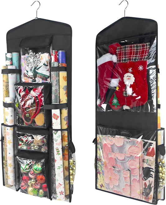 Wrapping Paper Organizer - Double-Sided Hanging Gift Wrap Storage with Pockets & Straps | Black
